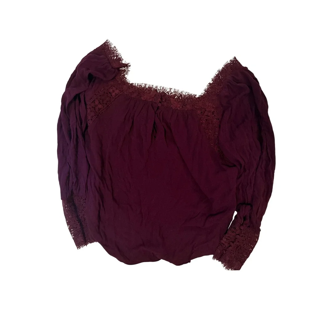 Free‎ People Plum Purple Lace Trim Square Neck Long Sleeve Boho Blouse Small